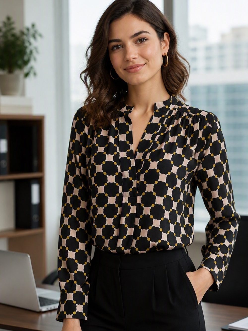 Ann Taylor Black Geometric Motif V-Neck Blouse Yellow Accents PM Petite Medium